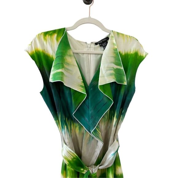 Etcetera Ruffle V-Neck Watercolor Silk Dress Women’s Green Size 8 - Picture 3 of 6